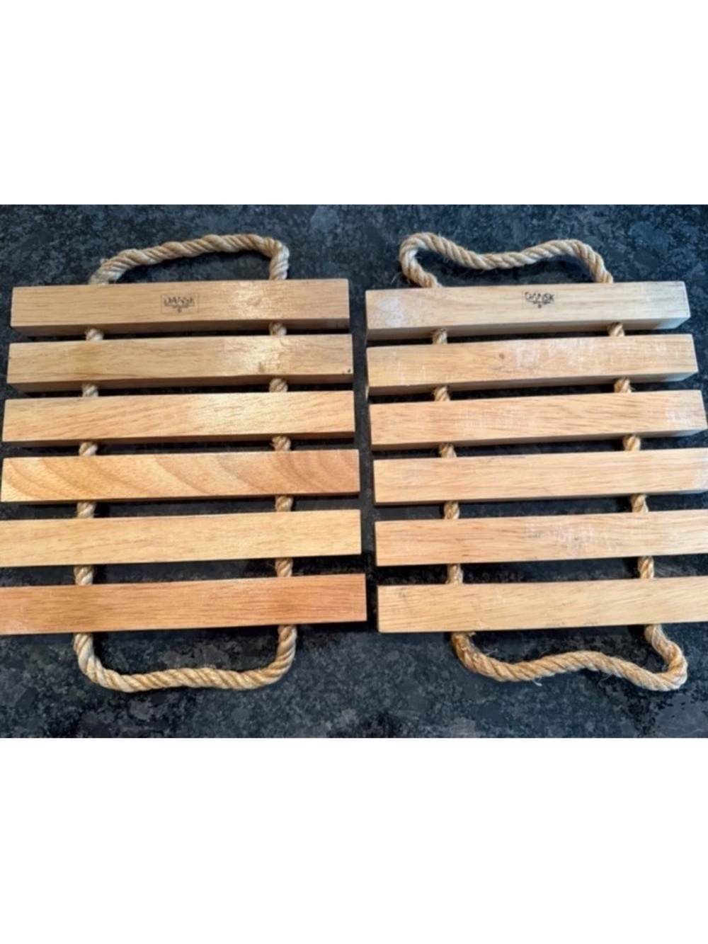 Vintage Dansk Solid Teak‎ Wood Slat Trivets w/ Rope Handles Set of 2 Durable